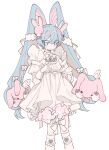  1girl blue_eyes blue_hair bow bowtie colored_eyelashes colored_inner_hair dress hair_bow hair_ears hatsune_miku long_hair long_sleeves multicolored_hair pink_hair simple_background socks solo stuffed_animal stuffed_rabbit stuffed_toy twintails u_emper very_long_hair vocaloid white_background white_bow white_bowtie white_dress white_socks wings 