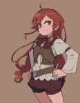  1girl ahoge brown_background brown_shorts cropped_legs eris_greyrat hairband hands_on_own_hips long_hair long_sleeves looking_at_viewer mushoku_tensei red_eyes redhead shimazaki1152 shorts simple_background solo very_long_hair 