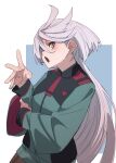  1girl asticassia_school_uniform blue_background fingernails fu-ta grey_eyes gundam gundam_suisei_no_majo highres long_hair long_sleeves looking_at_viewer miorine_rembran open_mouth school_uniform solo two-tone_background white_background white_hair 