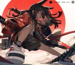  1girl animal_ears black_hair closed_mouth dark-skinned_female dark_skin edaelec grey_shorts highres holding holding_sword holding_weapon katana long_hair long_sleeves looking_at_viewer open_clothes original red_eyes sheath shirt shoes short_eyebrows shorts sneakers solo sword twitter_username weapon 