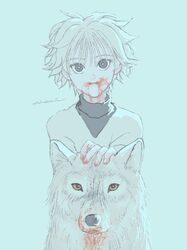  1boy animal blood blood_from_mouth blood_on_hands expressionless hair_between_eyes highres hunter_x_hunter kaze_no killua_zoldyck looking_at_viewer male_child male_focus shirt signature simple_background solo upper_body white_background white_hair white_shirt wolf 