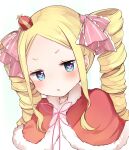  1girl beatrice_(re:zero) blonde_hair blue_eyes blush capelet commentary_request drill_hair fur_trim hair_ribbon highres karasusou_nano looking_at_viewer parted_bangs parted_lips pink_ribbon re:zero_kara_hajimeru_isekai_seikatsu ribbon sidelocks simple_background solo twin_drills upper_body v-shaped_eyebrows white_background 