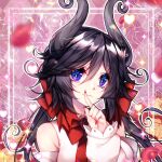  1girl black_hair bow checkered_background demon_girl demon_horns finger_to_mouth floral_background flower funamusea genderswap genderswap_(mtf) hair_bow horns long_sleeves looking_at_viewer low_twintails off-shoulder_shirt off_shoulder petals red_flower red_nails red_ribbon red_rose ribbon rose satanick_(funamusea) shirt shushing sparkle twintails violet_eyes white_shirt white_sleeves yellow_flower yellow_rose yun_(outsidey) 