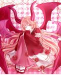  1girl demon_girl demon_horns demon_wings dress funamusea highres horns long_hair looking_at_viewer multicolored_background multiple_wings one_eye_closed open_mouth pink_background pink_eyes pink_hair rosaliya_phantomrose solo third-party_source white_background wings xueguang_xinghuo 