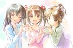  3girls black_hair blue_cardigan brown_eyes brown_hair cardigan dress fujiwara_hajime green_dress hair_bun heart heart_hands heart_hands_trio idolmaster idolmaster_cinderella_girls imai_kana kawaseki long_hair long_sleeves looking_at_viewer multiple_girls one_eye_closed open_mouth pink_shirt ponytail shirt smile takamori_aiko twintails upper_body 