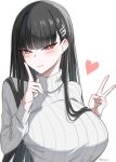  1girl absurdres black_hair blue_archive blush breasts bright_pupils commentary finger_to_cheek hair_ornament hairclip heart highres large_breasts long_hair panvyru red_eyes ribbed_sweater rio_(blue_archive) solo sweater symbol-only_commentary turtleneck turtleneck_sweater v white_pupils white_sweater 