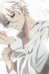  1boy absurdres blue_lock commentary_request fingernails hair_between_eyes highres long_sleeves looking_at_viewer male_focus may_(illust_man_2020) nagi_seishirou parted_lips shirt short_hair solo white_hair white_shirt yellow_eyes 