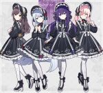  1other 25-ji_nightcord_de._(project_sekai) 3girls akiyama_mizuki asahina_mafuyu back_bow black_bow black_dress black_footwear black_headwear black_nails blue_eyes blunt_ends bonnet bow brown_eyes brown_hair chin_strap closed_mouth colored_eyepatch commentary cross_print dress dress_flower expressionless eyepatch flower flower_eyepatch footwear_bow frilled_dress frills from_behind gothic_lolita hat hat_bow hat_flower highres lace lolita_fashion long_hair long_sleeves looking_at_viewer multiple_girls neck_flower pantyhose parted_lips pink_eyes pink_flower pink_rose project_sekai puffy_long_sleeves puffy_sleeves purple_flower purple_hair purple_rose red_flower red_rose rose shinonome_ena shirt shoes sidelocks smile standing standing_on_one_leg very_long_hair violet_eyes w_arms waka_(wk4444) white_bow white_pantyhose white_shirt yoisaki_kanade 