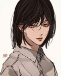  1boy bishounen brown_eyes brown_hair buttons closed_mouth collared_shirt commentary dress_shirt highres kagoya1219 looking_at_viewer male_focus original portrait shirt short_hair signature simple_background solo swept_bangs white_background white_shirt 