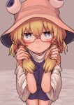  1girl absurdres bare_shoulders bespectacled blonde_hair blue_eyes blush brown_headwear closed_mouth detached_sleeves from_above glasses hair_between_eyes hair_ribbon hat highres looking_at_viewer moriya_suwako neritch purple_skirt purple_vest red-framed_eyewear red_ribbon ribbon semi-rimless_eyewear short_hair skirt solo touhou tress_ribbon under-rim_eyewear vest white_sleeves 