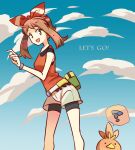  1girl :d ? bike_shorts bike_shorts_under_shorts black_shorts blue_sky bow brown_hair clouds fanny_pack hair_bow hari611 looking_to_the_side may_(pokemon) open_mouth pokemon pokemon_(creature) pokemon_(game) pokemon_oras red_bow shirt shorts sky sleeveless sleeveless_shirt smile torchic white_shorts 