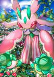  artist_name blurry blurry_background closed_eyes clouds commentary_request day ekm flower fomantis lens_flare lurantis outdoors pokemon pokemon_(creature) sky standing watermark 