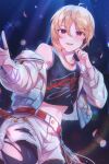  1boy belt bishounen black_tank_top blonde_hair commentary ensemble_stars! hair_between_eyes headset highres jacket jewelry midriff navel necklace nito_nazuna open_clothes open_jacket open_mouth red_eyes ring smile solo symbol-only_commentary tank_top torn_clothes wldms5172 