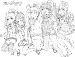  5girls :d ahoge airi_(blue_archive) animal_ears arms_up blue_archive blush cardigan commentary_request copyright_name engiyoshi food food_in_mouth greyscale hair_between_eyes hair_ornament hood hood_down hooded_jacket jacket kazusa_(blue_archive) long_hair low_twintails macaron monochrome mouth_hold multicolored_hair multiple_girls natsu_(blue_archive) neckerchief open_clothes open_jacket pantyhose pleated_skirt reisa_(blue_archive) sailor_collar school_uniform serafuku shirt shoes simple_background skindentation skirt smile socks star_(symbol) star_hair_ornament striped striped_socks thigh-highs twintails two-tone_hair very_long_hair white_background yoshimi_(blue_archive) 