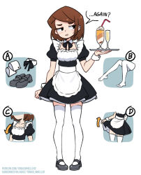  1girl apron arm_at_side artist_name black_bow black_bowtie black_dress black_eyes black_shoes blush bob_cut bow bowtie bra breasts brown_hair cassie_(tobias_wheller) chalice clothes_lift commentary cup detached_collar dirndl dress dress_lift drink drinking_glass drinking_straw earclip embarrassed english_commentary english_text enmaided eyelashes frilled_apron frills full_body german_clothes heel_up highres holding holding_drink holding_tray looking_at_viewer maid mary_janes midriff_peek motion_lines narrowed_eyes nervous_sweating original parted_lips patreon_username petticoat pigeon-toed puffy_short_sleeves puffy_sleeves serving shoes short_dress short_hair short_sleeves simple_background skindentation small_breasts smile smirk solo speech_bubble standing subscribestar_username sweat sweatdrop swept_bangs thick_eyebrows thigh-highs tobias_wheller tray trembling twitter_strip_game underwear undressing waist_apron web_address whipped_cream white_apron white_background white_bra white_thighhighs wrist_cuffs zettai_ryouiki 