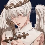  1boy angel angel_wings arm_tattoo bishounen blue_background commission cross cross_tattoo crown feathered_wings hair_between_eyes high_collar highres holding holding_cross kagoya1219 looking_at_viewer male_focus original portrait short_hair simple_background sleeveless solo tattoo watermark white_hair white_wings wings 