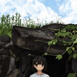  1girl absurdres black_eyes black_hair blue_sky cave clouds day grass highres looking_at_viewer medium_hair open_mouth original outdoors plant shirt sky solo uniunimikan vines white_shirt 