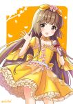  1girl blush brown_eyes brown_hair choker cowboy_shot dot_nose dress eluthel falling_petals flower frilled_dress frills grid_background hair_flower hair_ornament hair_ribbon hand_up highres holding holding_microphone idolmaster idolmaster_cinderella_girls idolmaster_cinderella_girls_starlight_stage long_hair long_sleeves looking_at_viewer microphone open_hand open_mouth orange_background orange_ribbon petals pink_flower puffy_long_sleeves puffy_sleeves ribbon see-through smile solo tree twitter_username two-tone_background very_long_hair white_background wide_sleeves yellow_choker yellow_dress yorita_yoshino 