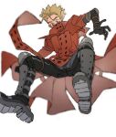  1boy black_pants blonde_hair boots coat highres iria_arts jewelry pants red_coat ring solo spiky_hair spread_legs trigun vash_the_stampede 