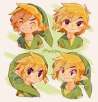  1boy artist_name blonde_hair blush closed_eyes green_headwear green_shirt grin hat highres looking_at_viewer medium_hair multiple_views pointy_ears shirt simple_background smile surprised the_legend_of_zelda the_legend_of_zelda:_the_wind_waker tokuura 