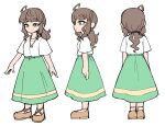  1boy a.i._voice ahoge brown_hair full_body fun_bo green_eyes green_skirt highres jewelry kurita_maron long_hair long_skirt low_ponytail multiple_views necklace niconico official_alternate_costume official_art otoko_no_ko reference_sheet shirt short_sleeves simple_background skirt standing t-shirt thick_eyebrows white_background white_shirt yellow_footwear 