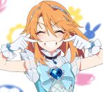  1girl ^_^ blush brooch closed_eyes commentary fingers_to_cheeks gem gloves grin heart_brooch idolmaster idolmaster_cinderella_girls jewelry mochino orange_hair smile solo symbol-only_commentary upper_body white_gloves yuuki_haru 