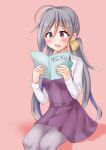  1girl ahoge anti_(untea9) bow bowtie collared_shirt commentary_request dress dress_shirt grey_background grey_eyes grey_hair hair_between_eyes halter_dress halterneck highres kantai_collection kiyoshimo_(kancolle) low_twintails pink_background purple_dress reading shirt solo translation_request twintails white_shirt 