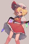  1girl absurdres ascot blonde_hair closed_mouth crystal flandre_scarlet grey_background hat hat_ribbon highres looking_at_viewer mob_cap orange_ascot puffy_short_sleeves puffy_sleeves red_eyes red_ribbon red_skirt red_vest ribbon shimazaki1152 short_hair short_sleeves simple_background skirt skirt_set solo touhou vest white_headwear wings 
