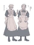  2boys ? alternate_costume apron black_dress black_nails blonde_hair command_spell crossdressing daybit_sem_void dress fate/grand_order fate_(series) full_body highres long_hair looking_at_viewer maid maid_apron maid_headdress male_focus multiple_boys nail_polish riku_gotaro short_hair simple_background straight-on tezcatlipoca_(fate) translation_request white_background 