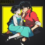  1boy 1girl black_eyes black_hair black_pants blue_dress blue_eyes braid braided_ponytail chinese_clothes collared_shirt dress dress_shirt eye_contact hair_over_shoulder indian_style long_hair looking_at_another pants ranma_1/2 saotome_ranma sasaki_tomomi shirt short_hair single_braid sitting tangzhuang tendou_akane white_shirt 