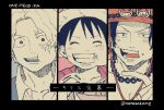  3boys bead_necklace beads black_eyes black_hair blush closed_eyes collared_shirt commentary_request facing_viewer freckles hat index_finger_raised jewelry looking_at_viewer male_focus monkey_d._luffy multiple_boys nata_kokone necklace one_piece open_mouth pointing portgas_d._ace sabo_(one_piece) scar scar_on_face shirt short_hair teeth translation_request twitter_username upper_teeth_only 