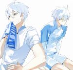 2boys absurdres black_eyes blue_lock closed_eyes closed_mouth commentary fingernails hair_between_eyes hand_on_own_hip highres invisible_chair ionpo9 multiple_boys nagi_seishirou short_sleeves shorts simple_background sitting sweat towel white_background white_hair 