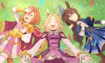  3girls admire_vega_(umamusume) animal_ears armor black_shirt blue_skirt blush bow bowtie breasts brooch brown_eyes brown_hair cape clenched_hand closed_eyes closed_mouth confetti corset ear_bar fingerless_gloves gloves grass highres horse_ears horse_girl horse_tail jacket jewelry long_hair long_sleeves lying multiple_girls narita_top_road_(umamusume) necktie on_back one_eye_closed open_mouth orange_hair outdoors purple_jacket purple_shorts ring rio_(rio_067) shading_eyes shirt short_hair shorts shoulder_armor skirt small_breasts smile sparkle sweat t.m._opera_o_(umamusume) tail teeth thigh-highs umamusume umamusume:_road_to_the_top upper_teeth_only violet_eyes white_gloves white_necktie white_shirt white_thighhighs 