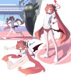  1girl aji_aji_nori blue_archive buruma demon_horns demon_wings gym_uniform highres horns junko_(blue_archive) long_hair looking_at_viewer official_alternate_costume red_buruma red_eyes red_wings redhead shirt thighs twintails white_shirt wings 