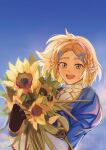  1girl :d black_gloves blonde_hair blue_sky blush braid chromatic_aberration crown_braid day film_grain fingerless_gloves flower gloves green_eyes hair_ornament hairclip highres holding holding_flower juliet_sleeves long_sleeves looking_at_viewer open_mouth pointy_ears princess_zelda puffy_sleeves short_hair shuo_yue sky smile solo sunflower teeth the_legend_of_zelda the_legend_of_zelda:_tears_of_the_kingdom upper_body upper_teeth_only yellow_flower 