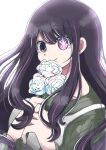  1girl apron closed_mouth commentary flower green_sweater hair_between_eyes holding holding_flower hoshino_ai_(oshi_no_ko) long_hair oshi_no_ko purple_hair rose shiro_po_po sidelocks solo spoilers sweater swept_bangs white_apron white_flower white_rose 