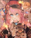  1girl blue_eyes camera charlotte_(genshin_impact) closed_mouth dress earrings facing_viewer genshin_impact hat highres holding holding_camera ichigoh jewelry long_hair long_sleeves looking_at_viewer lumine_(genshin_impact) monocle pink_hair smile solo 