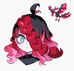  1girl 1other ahoge black_hair blue_eyes braid closed_mouth donuttypd galarian_moltres hair_over_one_eye looking_at_viewer moltres multicolored_hair pale_skin pink_hair pokemon pokemon_(game) pokemon_swsh redhead white_background 