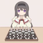  1girl akemi_homura bishop_(chess) black_hair blush chess_piece chessboard closed_mouth highres king_(chess) knight_(chess) long_hair long_sleeves mahou_shoujo_madoka_magica own_hands_clasped own_hands_together pawn_(chess) queen_(chess) rook_(chess) solo violet_eyes yuno385 