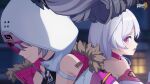  2girls bare_shoulders bronya_zaychik bronya_zaychik_(haxxor_bunny) chinese_commentary choker crown drill_hair evil_smile gloves grey_hair highres honkai_(series) honkai_impact_3rd hood logo looking_at_another multiple_girls night no_eyes official_alternate_costume official_art official_wallpaper open_mouth outdoors pink_choker pink_eyes running smile smirk theresa_apocalypse theresa_apocalypse_(sakura_rondo) upper_body white_gloves white_hair window 
