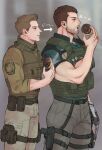  2boys black_gloves black_hair brown_hair brown_pants bulletproof_vest chris_redfield doughnut facial_hair food gloves green_shirt gun highres holding holding_food holster holstered large_pectorals looking_at_another male_focus multiple_boys muscular muscular_male open_mouth pants pectorals piers_nivans resident_evil resident_evil_6 shirt short_hair single_glove thigh_holster translation_request weapon yuyu_(yuyugame8) 