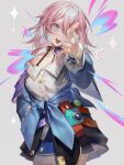  1girl artist_name belt blue_jacket blue_skirt buttons camera collared_shirt earrings gradient_eyes heikokuru1224 highres honkai:_star_rail honkai_(series) jacket jewelry march_7th_(honkai:_star_rail) multicolored_eyes pink_hair pointing pointing_at_viewer shirt signature skirt 