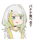  1girl a.i._voice akatuki_no_you banana braid chibi collarbone commentary crown_braid food food_on_head fruit green_eyes grey_hair hair_intakes jacket light_blush object_on_head open_mouth shirt short_hair simple_background solo translated tsunose_kotone white_background white_jacket white_shirt 