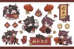  1girl animal_ears black_hair black_jacket black_pants chibi chinese_new_year coat coin commentary dragon_horns dragon_tail fang fox fox_boy fox_ears fox_girl fox_tail glory01200 gold_trim guan_dao hair_bun hand_fan highres holding holding_weapon hongbao horns jacket kitsune kyuubi lantern library_of_ruina lowell_(library_of_ruina) mini_person miniboy multiple_tails necktie one_eye_closed pants paper_fan paper_lantern project_moon red_coat red_eyes red_necktie redhead shirt simple_background symbol-only_commentary tail weapon white_background white_shirt xiao_(library_of_ruina) 