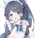  1girl :d ahoge aris_(blue_archive) aris_(maid)_(blue_archive) black_hair blue_archive blue_eyes blush halo heart heart_hands highres long_hair looking_at_viewer maid maid_headdress mola_mola official_alternate_costume open_mouth ponytail smile solo 