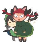  2girls :3 animal_ears bird_wings black_hair blunt_bangs blush blush_stickers bow braid brown_eyes cape cat_ears cat_tail chibi citrus_(place) commentary_request dress floating_hair flustered full-face_blush full_body green_dress hair_between_eyes hair_bow hair_ribbon half-closed_eyes highres jitome juliet_sleeves kaenbyou_rin long_sleeves multiple_girls multiple_tails nekomata pigeon-toed puffy_sleeves redhead reiuji_utsuho ribbon simple_background tail touhou tress_ribbon twin_braids two_tails v-shaped_eyebrows white_background wide-eyed wings 