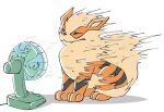  absurdres arcanine artist_name closed_eyes closed_mouth commentary electric_fan fang fang_out highres motion_blur no_humans ouroborotter pokemon pokemon_(creature) solo white_background 