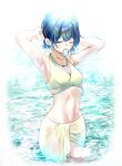  1girl armpits arms_up bikini black_hair commentary_request halterneck highres idolmaster idolmaster_shiny_colors jewelry looking_at_viewer morino_rinze navel necklace o_shiki one_eye_closed red_eyes rubber_band short_hair solo swimsuit wading water 