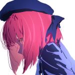  1girl absurdres arima_kana beret blue_bow blue_headwear blue_jacket bob_cut bow hat hat_bow highres inverted_bob jacket kakuriyo_rei oshi_no_ko red_eyes redhead school_uniform short_hair simple_background solo white_background youtou_high_school_uniform 