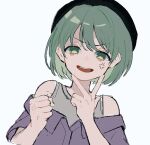  1girl anger_vein black_headwear clenched_hand false_smile green_eyes green_hair idolmaster idolmaster_shiny_colors looking_at_viewer morino_yu2 nanakusa_nichika short_hair simple_background smile solo trembling upper_body v-shaped_eyebrows w white_background 